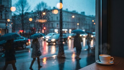 Rainy city street with coffee cup.