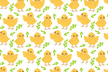 Fototapeta premium Easter seamless pattern with chickens and leaves. Flat vector illustration