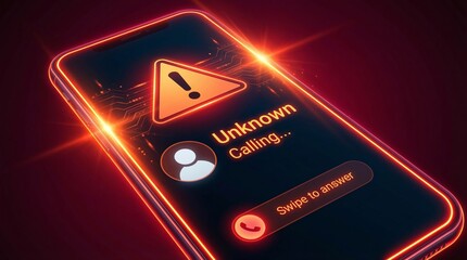 Digital close up of a glowing smartphone screen displaying an urgent unknown incoming call notification featuring an exclamation mark warning icon.