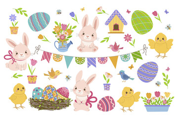 Collection of Happy Easter elements, cute holiday bunnies, eggs and flowers. Vector illustration