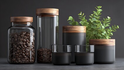 Modern Kitchen Canisters with Wood Lids Storage Jars, Coffee Beans Decor, Elegant Countertop Organization, Minimalist Design, Culinary Aesthetics, Clean
