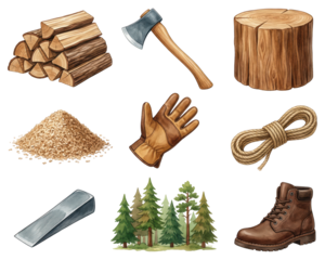Watercolor Illustration of Woodworking and Forestry Tools and Elements