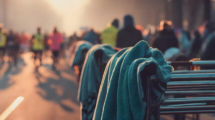 acquiescence. A marathon finish line with runners wrapped in thermal blankets during early morning. event key visuals, club posters, designed for sports event promotions and stadium branding.