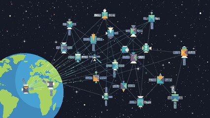 Fototapeta premium Illustration depicting a complex orbital satellite network establishing global communication connections back to the planet Earth in deep space.