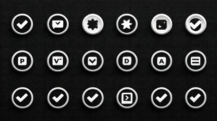 Collection of black and white icons, including check marks, are displayed on a dark background. The icons are arranged in a grid, with some overlapping each other. Scene is minimalist and clean