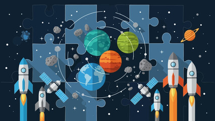 Fototapeta premium Flat design illustration depicting space exploration concepts assembling like puzzle pieces featuring rockets planets satellites and asteroids against dark background