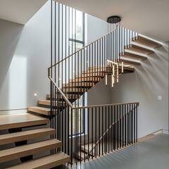 Modern staircase design featuring floating wooden steps and black metal railings