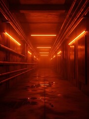 Mysterious glowing corridor with water puddles and pipes along the walls