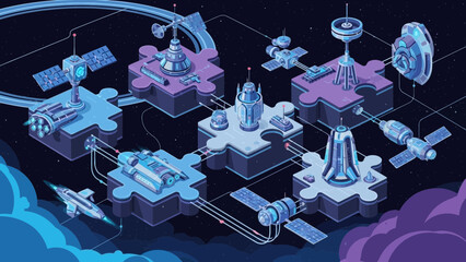 Isometric digital illustration depicting interconnected space stations and satellites assembled upon puzzle pieces floating in the vastness of dark outer space