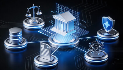 Digital justice and legal technology infrastructure concept with 3D isometric courthouse building data server shield protection and network node icons on electronic circuit background