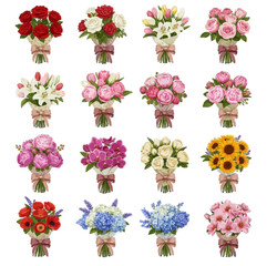 Large collection of diverse flower bouquets isolated on white, beautiful floral arrangements set with rose, lily, peony, sunflower, and hydrangea for wedding 