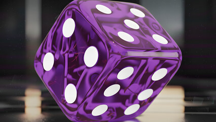 A close-up shot of a translucent purple die with white pips, resting on a reflective surface, against a dark background.