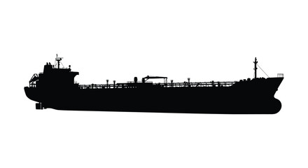A striking black silhouette of a large oil tanker ship against a white background silhouette © Jewel
