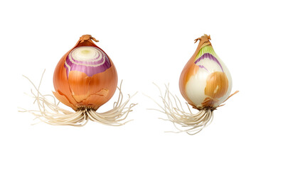 Two whole, fresh onions, one cut to show interior purple and white layers. Isolated on black
