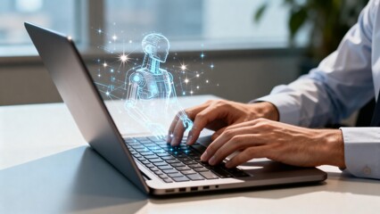 Person working on laptop with hologram robot