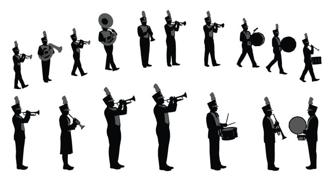 A dynamic collection of marching band musicians in various poses black silhouette