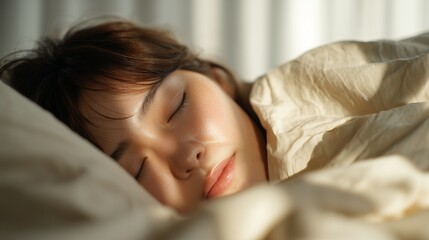 Fototapeta premium Young woman relaxing and sleeping soundly in a cozy bed with warm sunlight