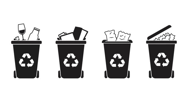 Four recycling bins filled with different waste items black and white silhouette