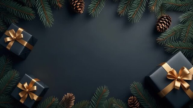 Elegant background featuring festive evergreen branches, pinecones and gift boxes.