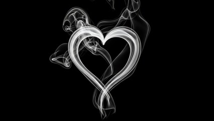 A heart-shaped formation created by intertwining smoke against a dark background, viewed from a straightforward perspective.
