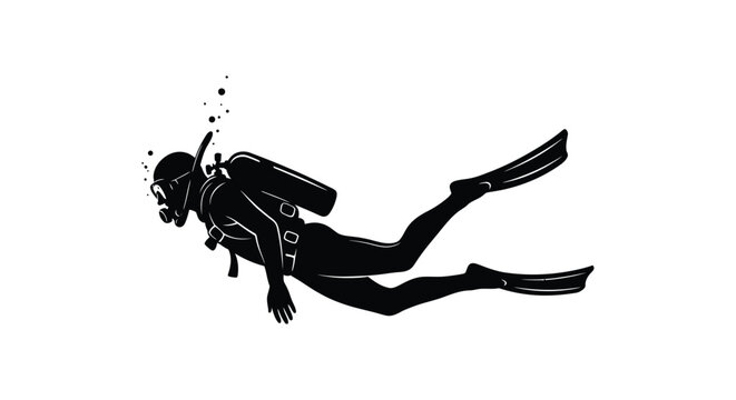 An illustration of a scuba diver in motion portrayed as a striking black silhouette