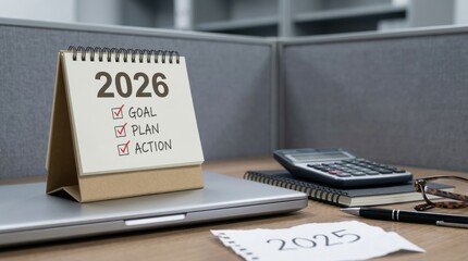 Calendar displaying the year 2026 with goal plan and action items checked off sits upon a modern laptop in an office setting