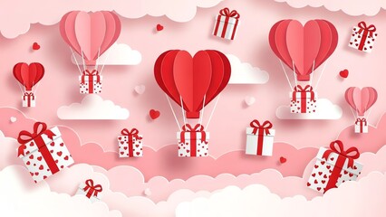 Heart-shaped balloons and gift boxes floating in a whimsical pink cloud environment