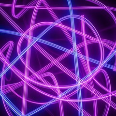 Intertwined neon light trails create a vibrant, abstract pattern against a dark backdrop