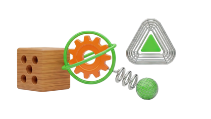 Abstract 3D objects: wooden cube, gear, spring, sphere, and triangle