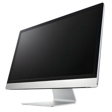 A sleek modern computer monitor with a black screen and silver frame