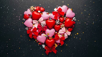 A heart-shaped arrangement of red and pink hearts with bows and flowers on a dark background