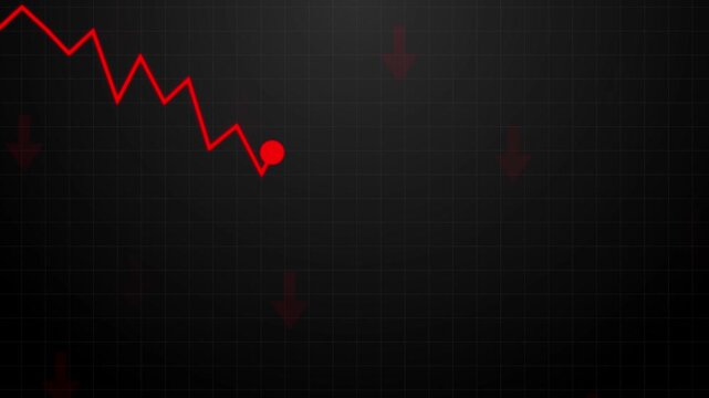 Animated Red Arrows Falling Downwards on Dark Financial Grid Background.