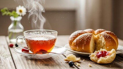 Steaming cup of tea with pastry.