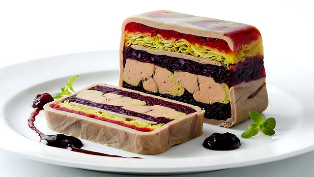 Haute cuisine. French Terrine de Li&egrave;vre &agrave; la Royale reinterpreted with cabbage, featuring layers of hare, foie gras, fine brunoise of spiced red cabbage in an aspic, with a port gel&eacute;e 
