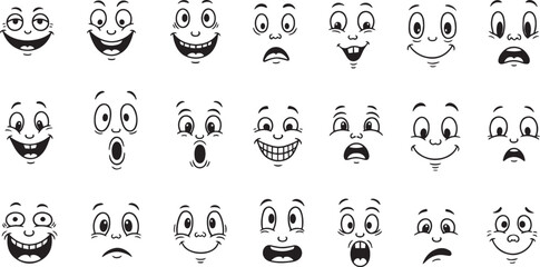 Set of Cheerful Cartoon Character Faces featuring Happy Expressions, Diverse Comic Mouth Styles and Hand-Drawn Emotion Icons © rofikgraph24
