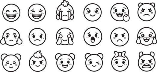 Set of Cute Minimalist Emoji Faces featuring Kawaii Expressions, Diverse Character Emotions and Simple Line Art Emoticons