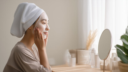 Asian Woman Applying Facial Sheet Mask at Home