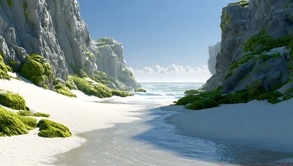 Coastal Canyon Beach Tranquil Seashore Sandy Shoreline Cliffside Scenery Ocean View Nature Landscape Serene Waters Edge Sunlight Horizon Calming Coastal Scape
