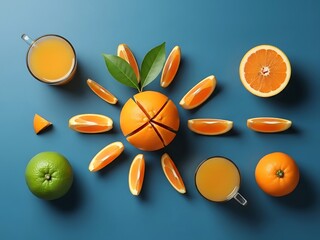 Vibrant citrus array featuring sliced oranges, juice and a lime presentation