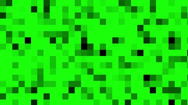 Abstract green flickering boxes motion graphics background with randomly distorting square patterns. This futuristic digital animation features glowing green squares, and rhythmic flicker effects.