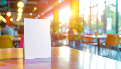 White menu card on restaurant table with blurred background and sunlight streaming in