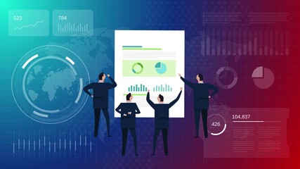 Group of businessmen analyzing financial business report with animated charts and graphs on digital background for corporate data analysis - Powered by Adobe