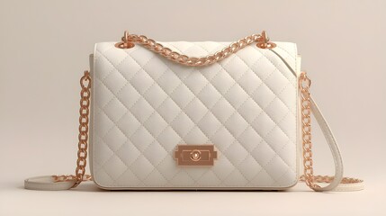 Cream quilted ladies shoulder laptop bag with chain strap, modern luxury design, stylish feminine office accessory, isolated background.