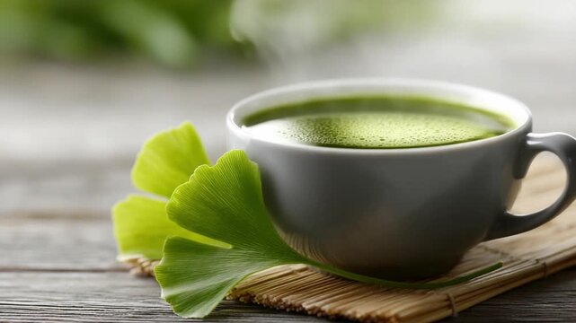 Zen Moments: A vibrant cup of matcha tea, steaming gently, beside a fresh ginkgo leaf, evokes a sense of tranquility and wellness.