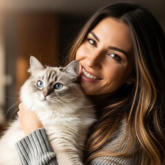 Woman holding a fluffy feline companion with striking blue eyes close to her face