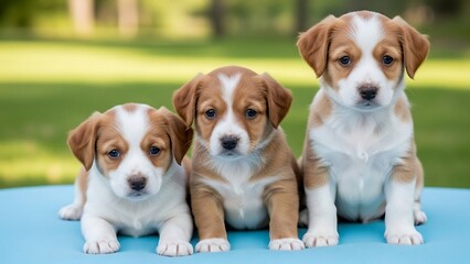 Three adorable brown and white puppies.