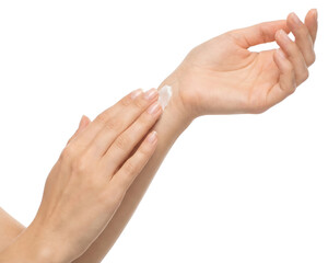 Woman Applying Cream to Wrist, Isolated on White