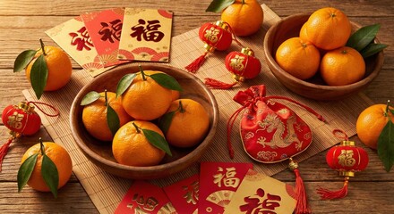 Fresh mandarin oranges in wooden bowls on rustic table, red envelopes, chinese lanterns, cherry blossom - Chinese New Year celebration, Lunar, spring, luck, prosperity, fortune, wealth blessing