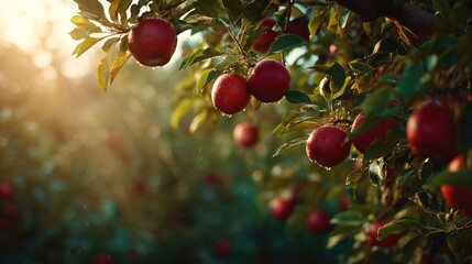 Growth and abundance in a serene sunset apple orchard, ripe red fruit with water droplets on leaves.