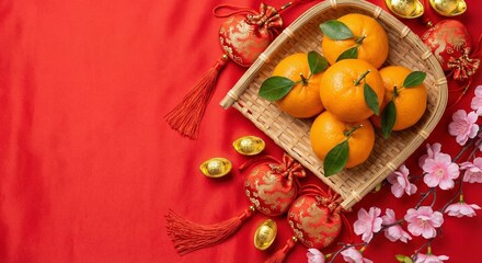 Flat lay of mandarin oranges, tangerines, lantern, cherry blossom, copy space - Chinese New Year decoration, Lunar, spring festival, luck, prosperity, mockup, template, greeting
